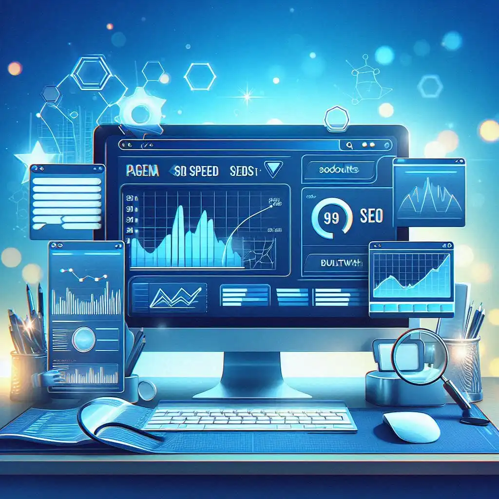 Captura conceptual que representa herramientas de auditoría web como PageSpeed Insights, Ahrefs, Wayback Machine y BuiltWith.